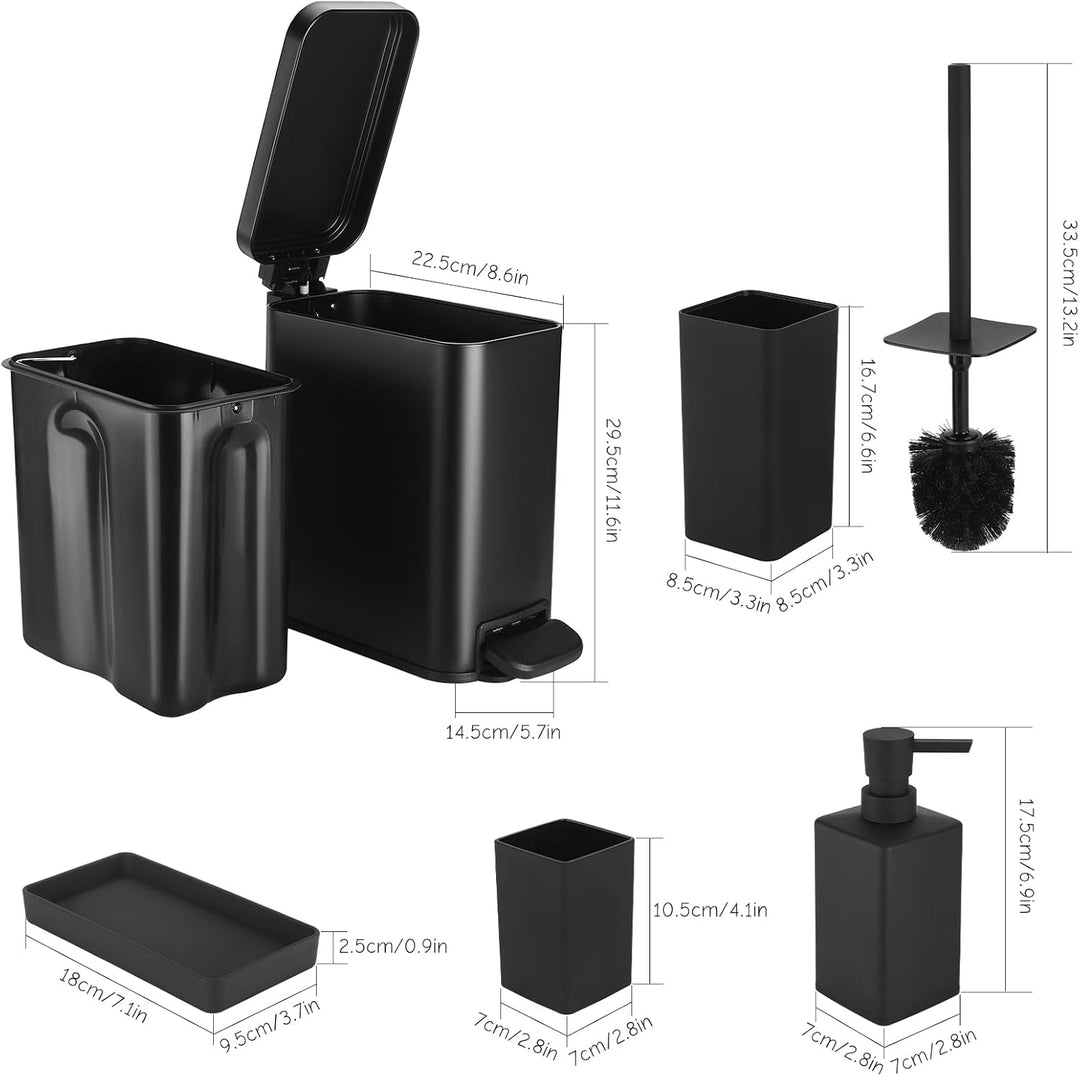 GAHEFY Badezimmer Accessoires Set 5-teilig – Edelstahl Mülleimer 5L mit Soft-Close Deckel, WC Bürste
