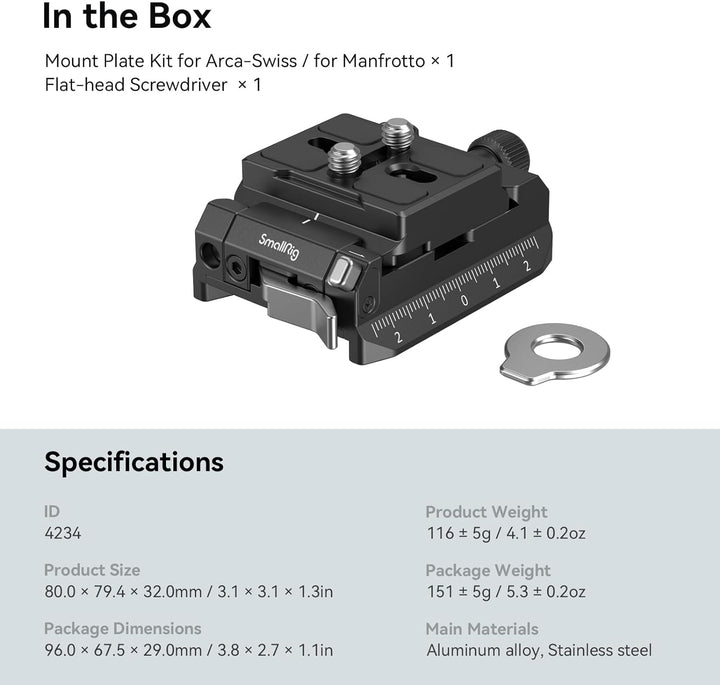 SmallRig Schnellwechselplatte und Klemme für Arca-Swiss Standard, mit Bottom Platte für Manfrotto 50