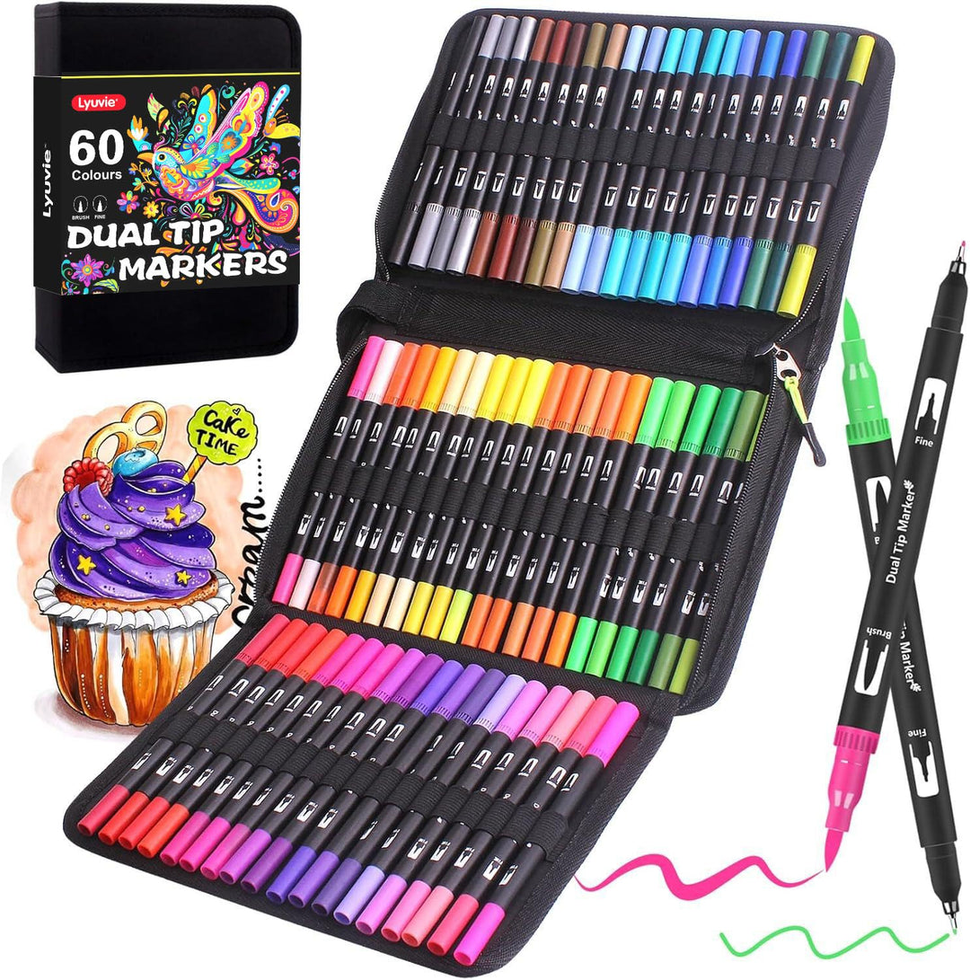 Lyuvie Filzstifte Set, 60 Farben Pinselstifte Aquarell Brush Pen Set für Kinder, 2 mm und 0,4 mm Pin