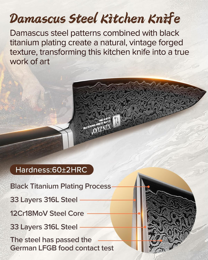 XINZUO 21cm Kochmesser Damastmesser -Schwarze Klinge -Handgeschmiedet 67 Schichten Damaststahl Chefm