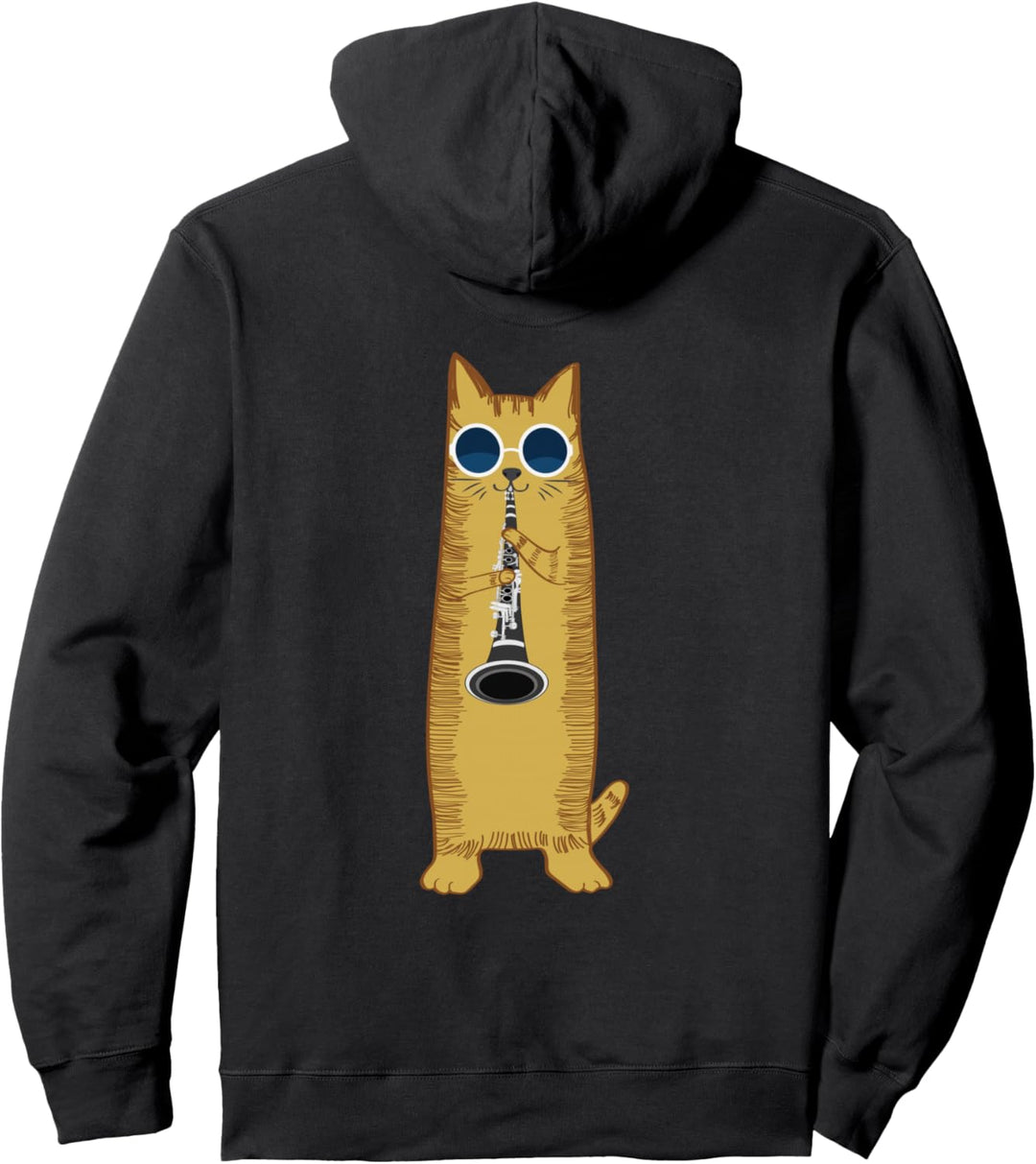 Cool Cat Playing The Clarinet Design Hippy Hipster Kitty Pullover Hoodie