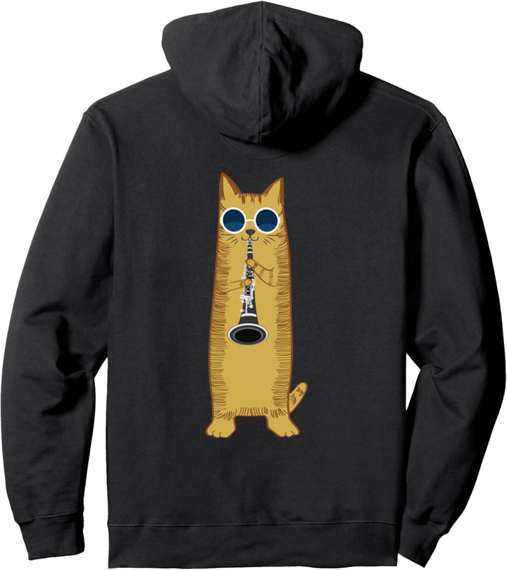 Cool Cat Playing The Clarinet Design Hippy Hipster Kitty Pullover Hoodie