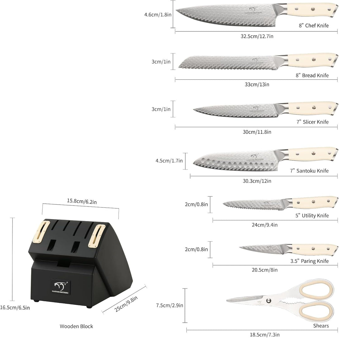NANFANG BROTHERS Kochmesser Set 10 PCs Damaszener mit Block | VG 10-Kern Stahl, ABS Ergonomischer Gr