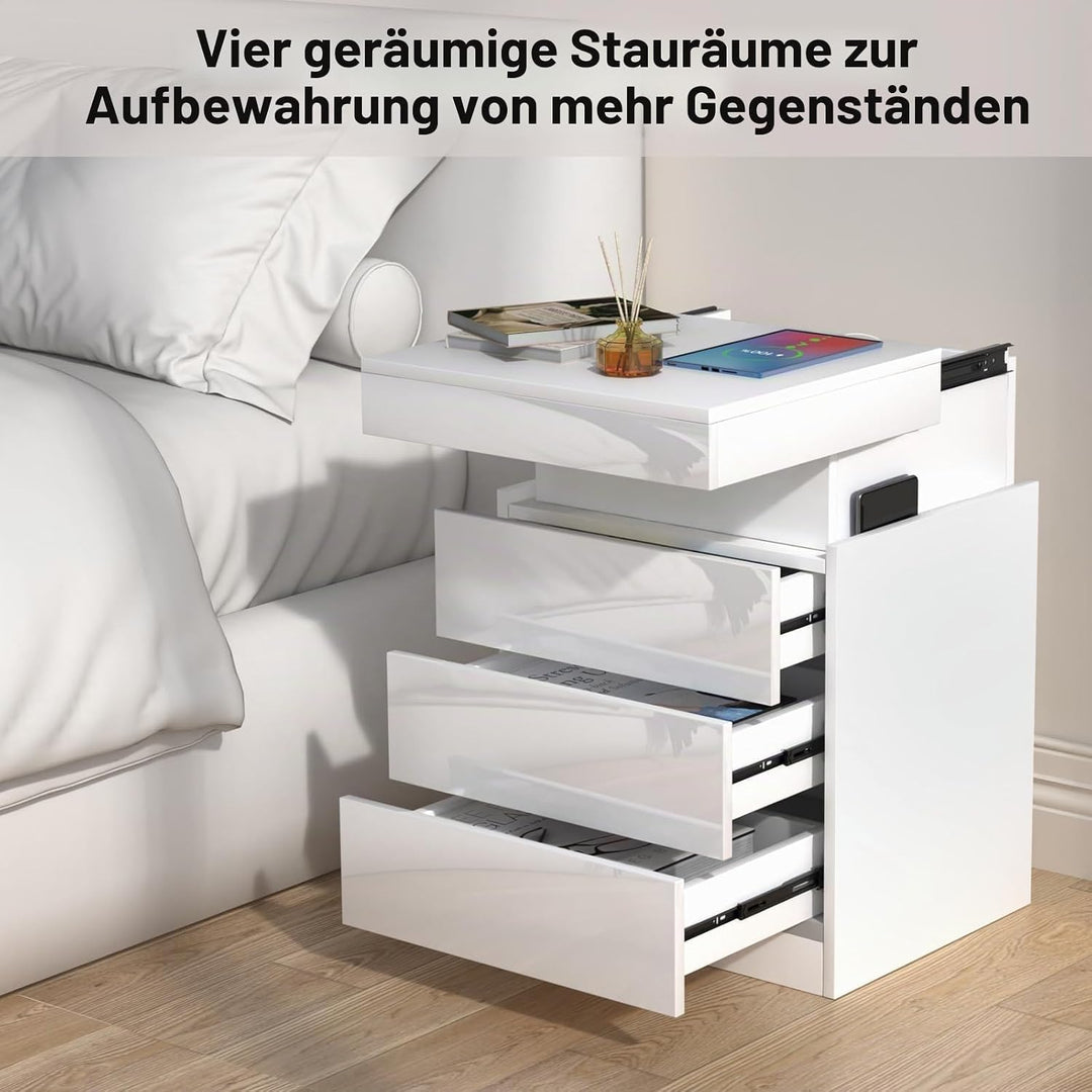 Nachttisch mit Steckdose, Nachtschrank mit Led Licht, Nachtkommode mit 3 Schubladen und Versteckte S