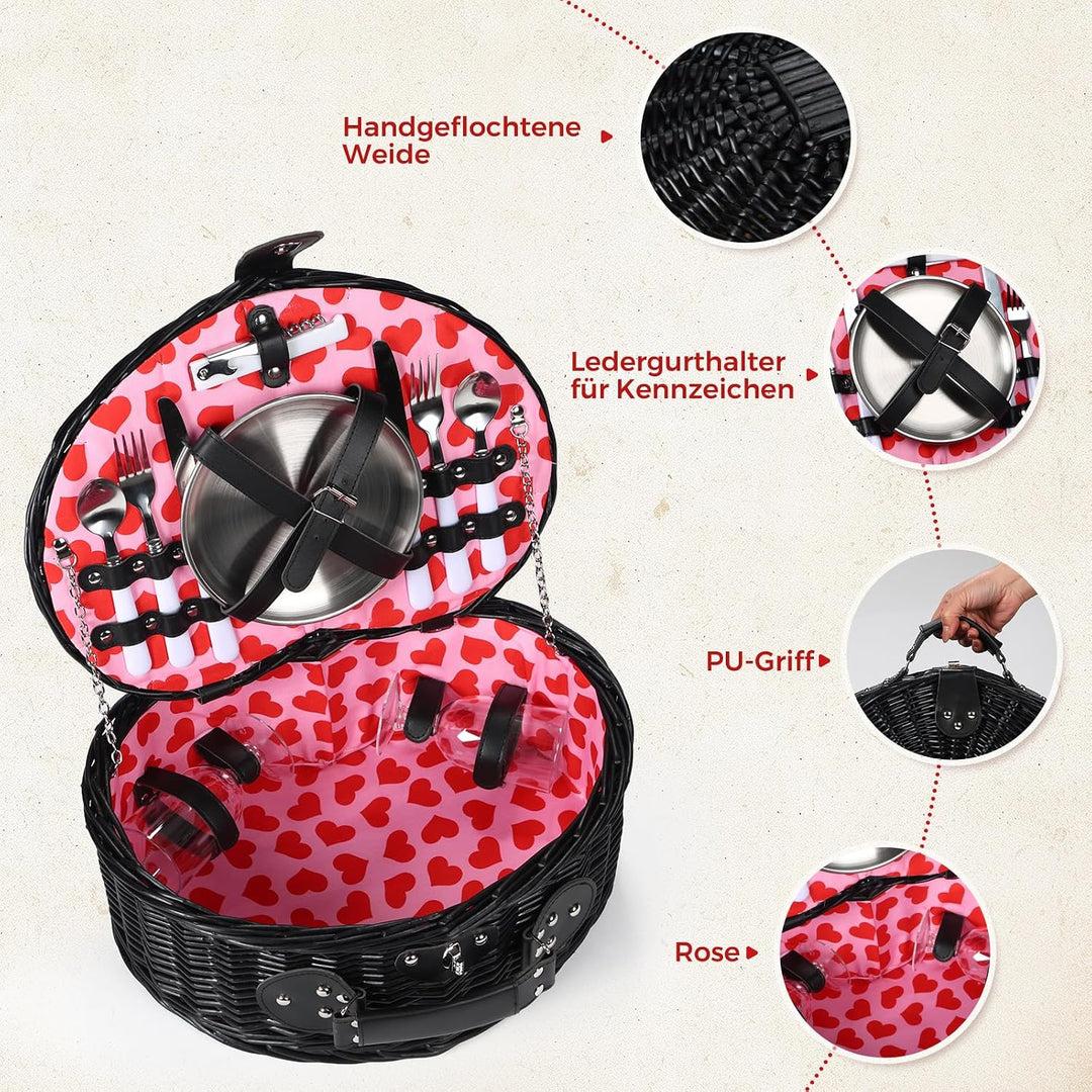 Picknickkorb Set für 2 Person mit Flaschenöffner, Besteck Set, für Camping, Strand, Wandern, BBQ und