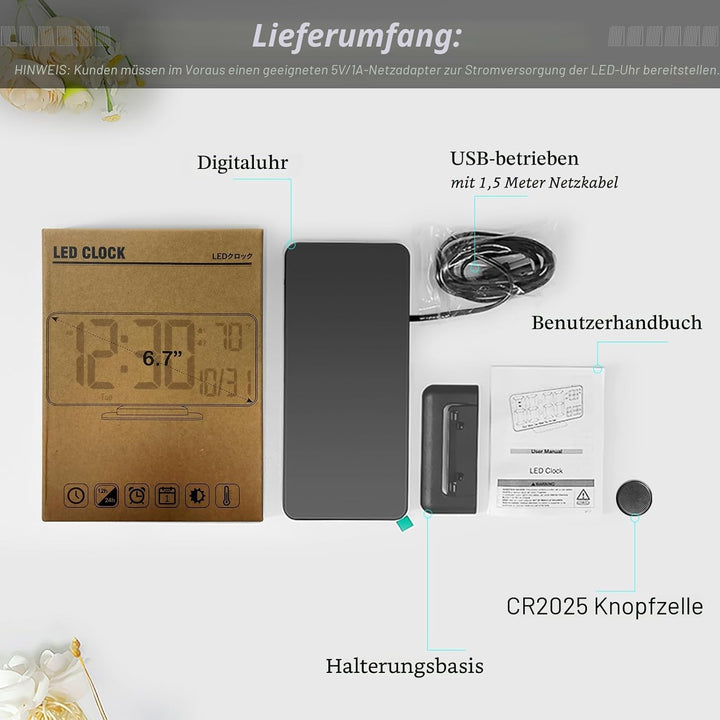 KOSUMOSU Digitaluhr für Schlafzimmer, 17 cm, Kleiner digitaler Wecker, schwarz, Dimmen, 12/24 Stunde