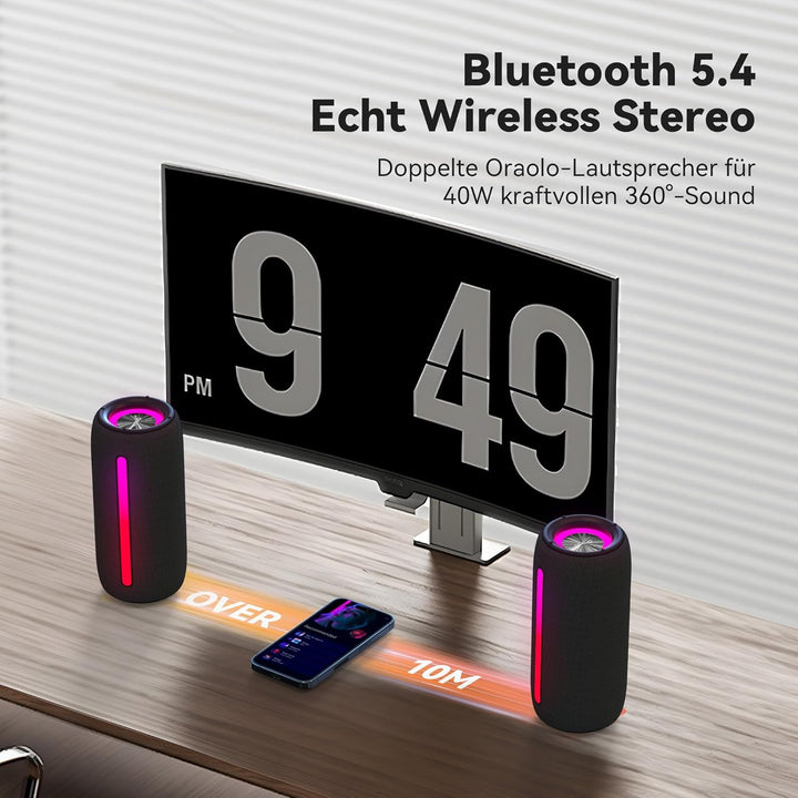 oraolo Bluetooth Lautsprecher, Speaker mit RGB Lichtshow, Musikbox Wasserdicht IPX6, 10 Stunden Akku