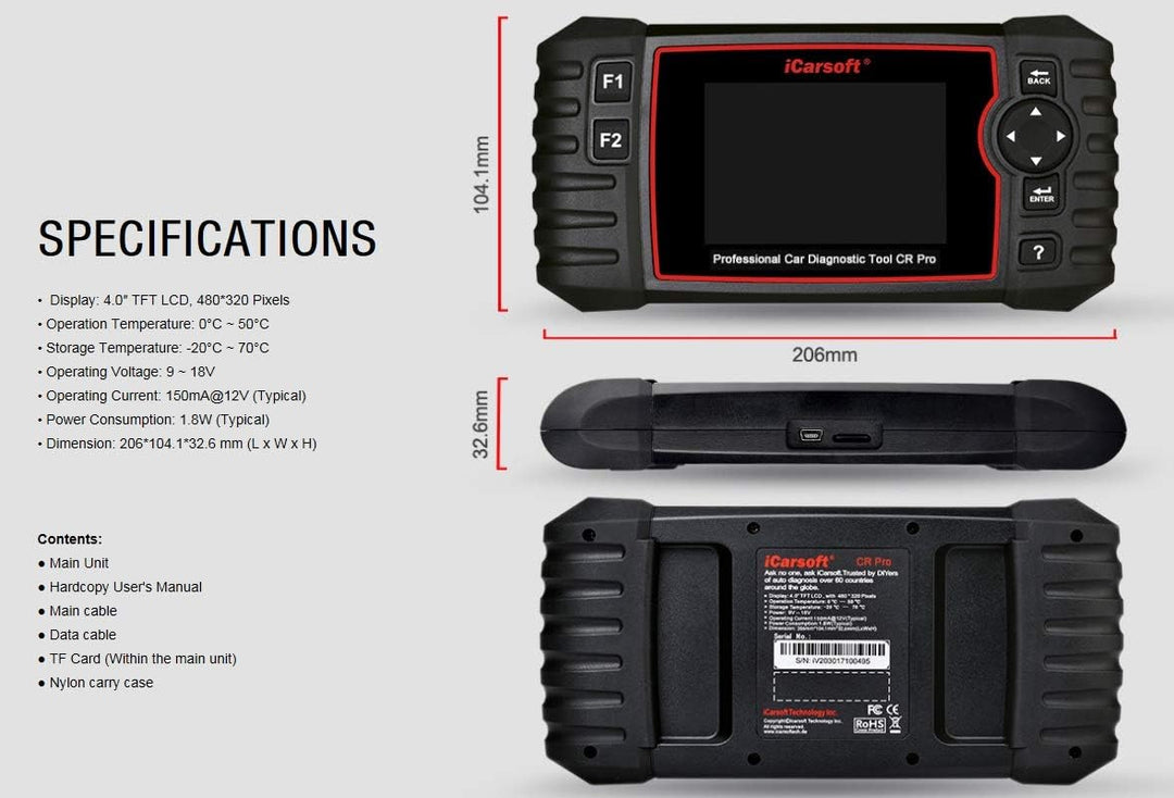 iCarsoft CR Pro Professional Multi-System Multi-Brand KFZ Diagnosegerät Scanner inkl. Batterietester