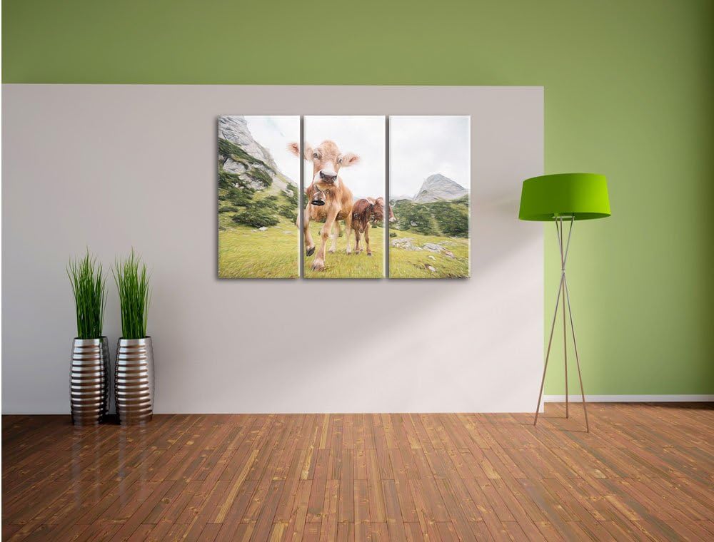 Pixxprint Almkuh auf der Weide als Leinwandbild/Grösse: 3 Teilig (120x80 cm) cm/Wandbild/Kunstdruck/