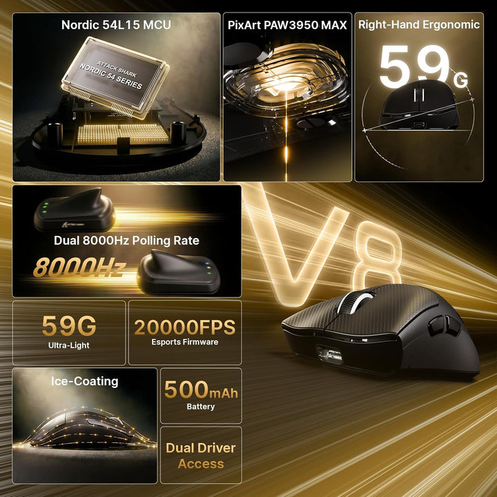 ATTACK SHARK V8 8000Hz Kabellose Gaming-Maus, Nordic 54L15 Chip, PAW3950MAX Sensor, 42000 DPI, 20000