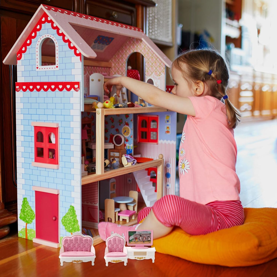4 Sets Dollhouse Möbelset, realistische Plastikpuppenhausminiaturen umfassen Küchen, Schlafzimmer, B