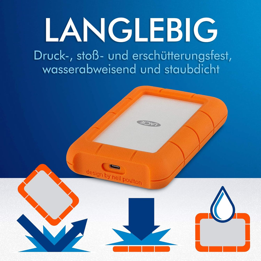 LaCie Rugged Secure 2TB tragbare externe Festplatte, 2.5 Zoll, PC & Mac, inkl. USB-C w/o USB-A Kabel