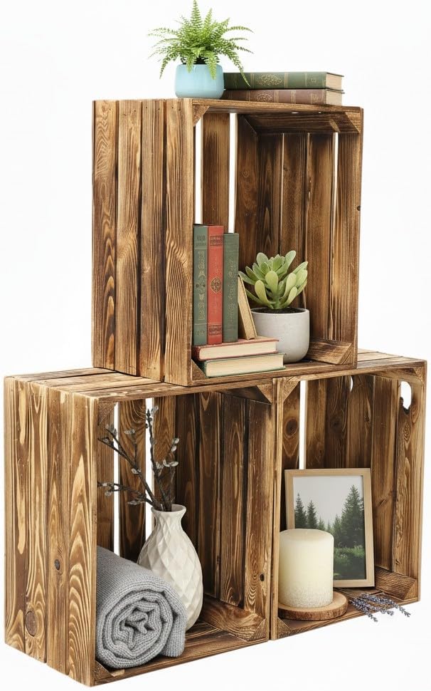 Teramico Geflammte Holzkisten Weinkisten Obstkisten mit Mittelbrett/Zwischenbrett Ablage für Aufbwah