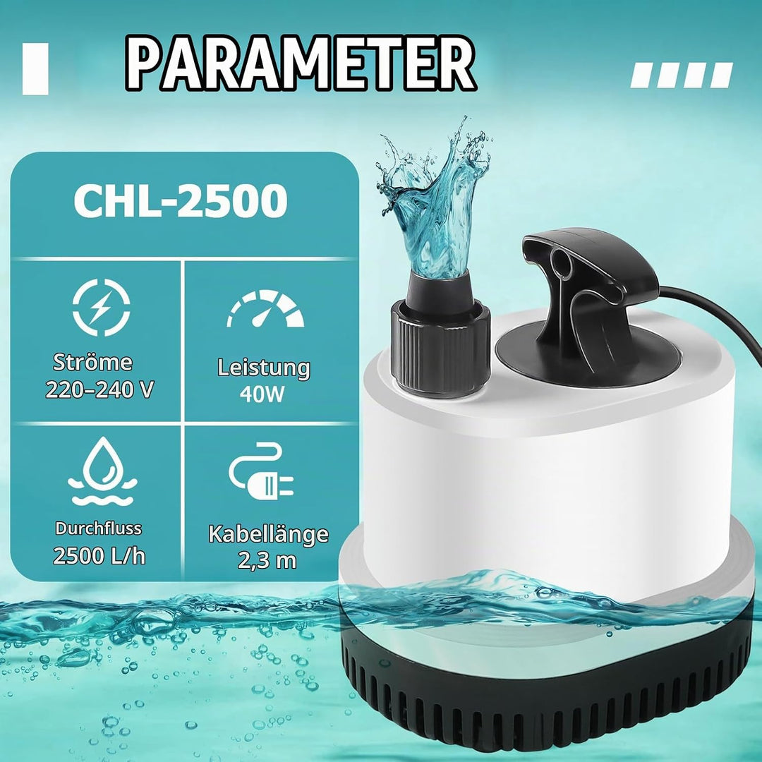 EXLECO Tauchpumpe Klein Wasserpumpe Mini Aquarium Pumpe Max.2500L/H 40W 220-240V Förderpumpe Springb