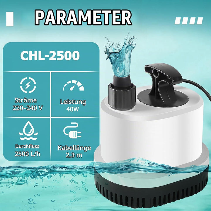 EXLECO Tauchpumpe Klein Wasserpumpe Mini Aquarium Pumpe Max.2500L/H 40W 220-240V Förderpumpe Springb