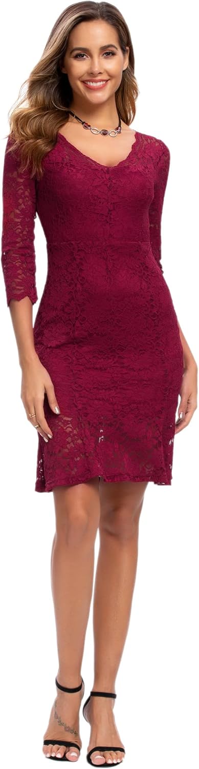 Atnlewhi Damen 3/4 Ärmel Kleid V-Ausschnitt Formeller Abend Bodycon Knielang Vintage Spitzenkleid El