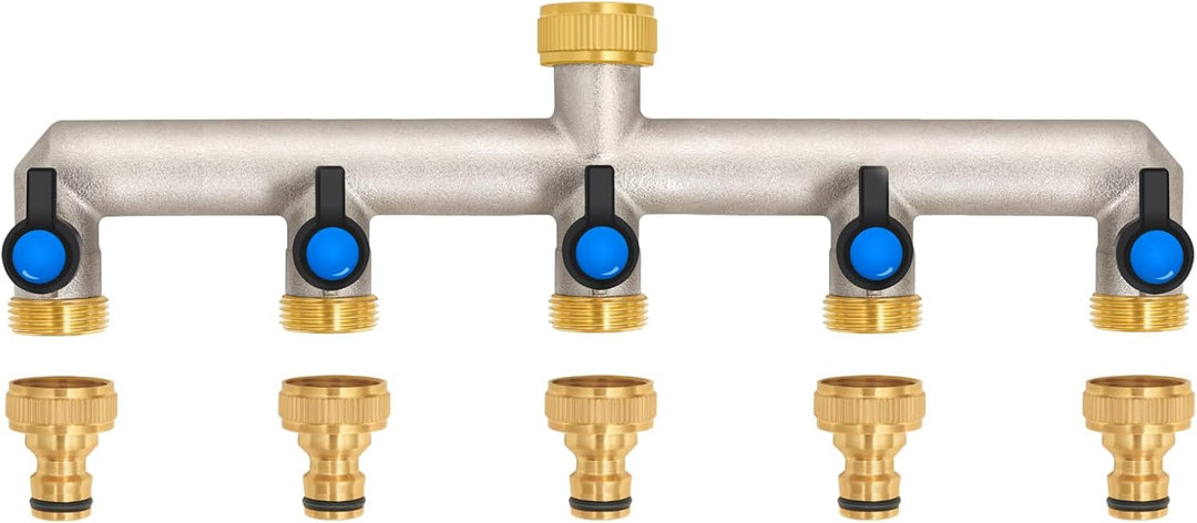 5-Wege Wasserhahn Wasserverteiler aus Messing für 5 Geräte/Gartenschläuche, 5er Verteiler 3/4" Adapt