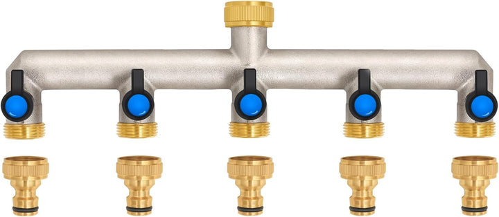 5-Wege Wasserhahn Wasserverteiler aus Messing für 5 Geräte/Gartenschläuche, 5er Verteiler 3/4" Adapt