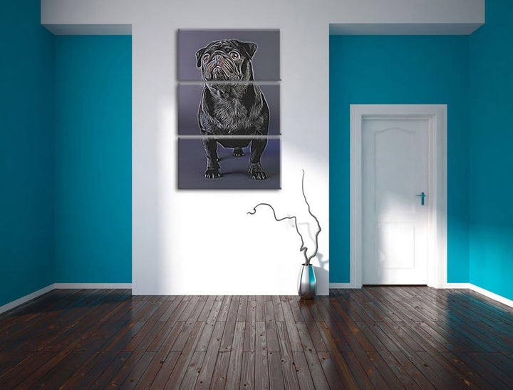 Süsser schwarzer Mops Spezial 3-Teiler Leinwandbild 120x80 Bild auf Leinwand, XXL riesige Bilder fer