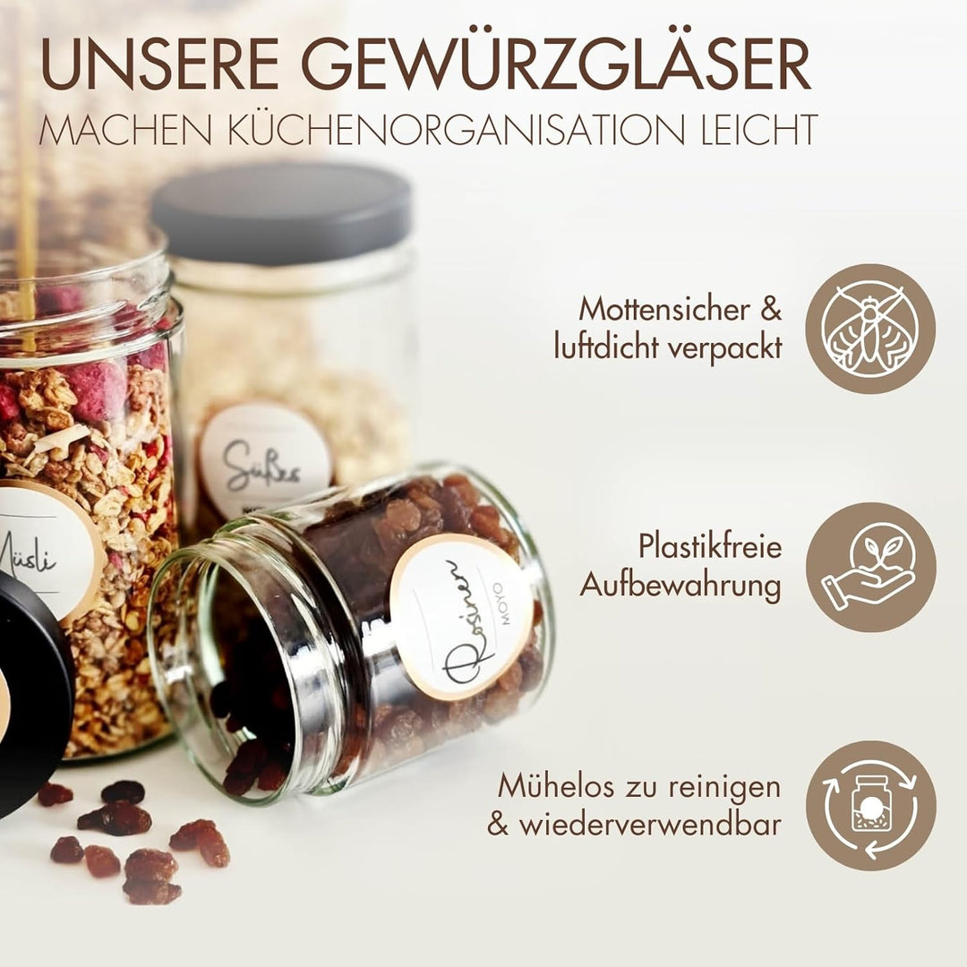 MOYO Gewürzgläser - hochwertige Gewürzdosen Made in Germany - 12er Set Gewürzbehälter mit Etiketten