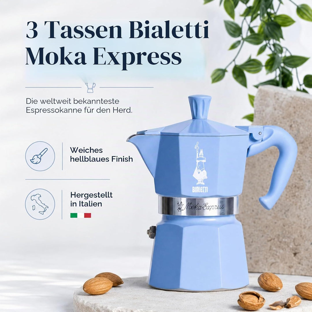 Bialetti Espressokocher Express aus Aluminium, 3 Tassen, türkis, mit gemahlenem Mandelkaffee, 250 g,