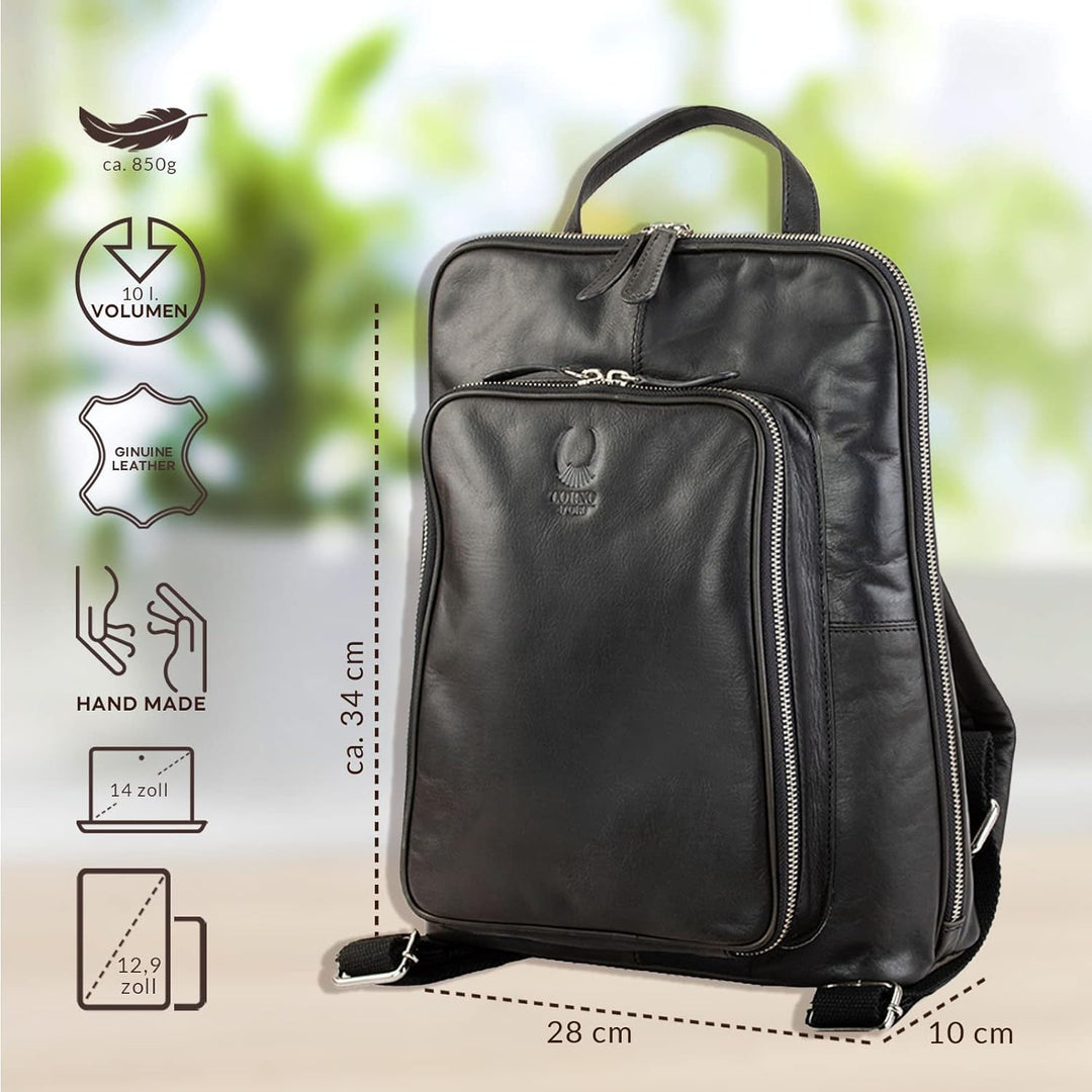 Corno d´Oro Premium Lederrucksack Damen mit vielen Fächern I Handgefertigt Rucksack Leder Laptopruck