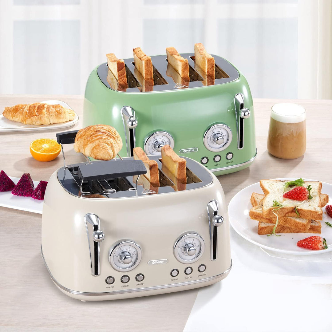 Wiltal Toaster 4 Scheiben, Toaster Langschlitz, Edelstahl Gehäuse, mit Integrierten Brötchenaufsatz,