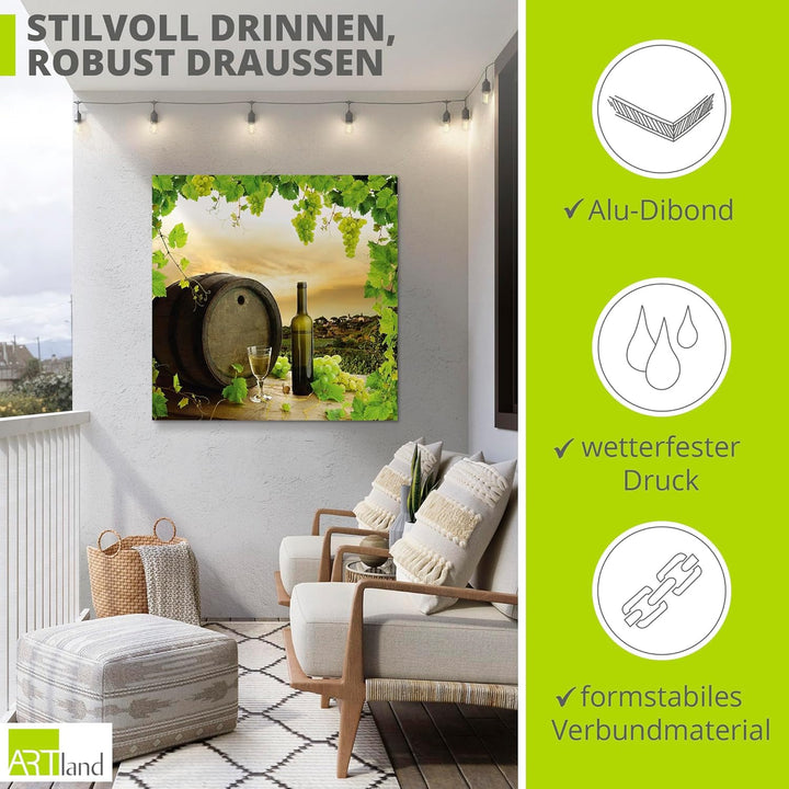 Artland Wandbild Alu für Innen & Outdoor Metall Bild 40x40 cm Quadratisch Landschaft Natur Wein Obst