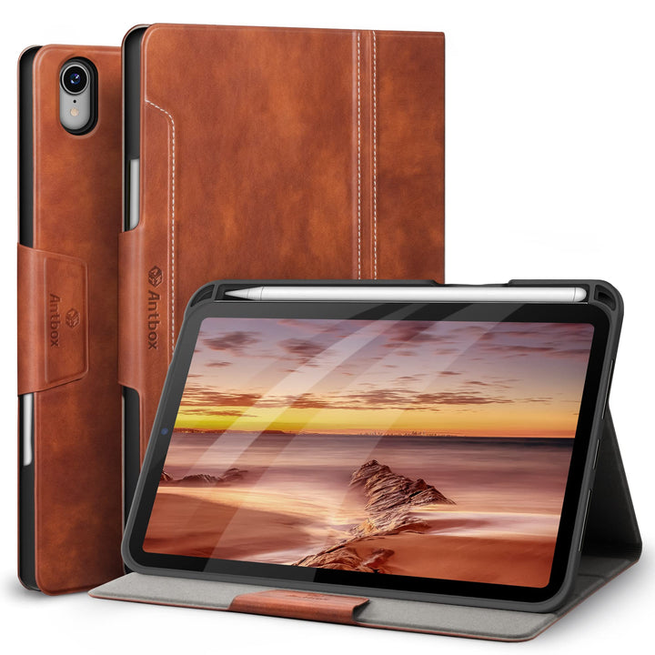Antbox Hülle für iPad mini (A17 Pro) 7./6. Generation 8,3 Zoll Braun | PU Leder, Integrierter Stifth