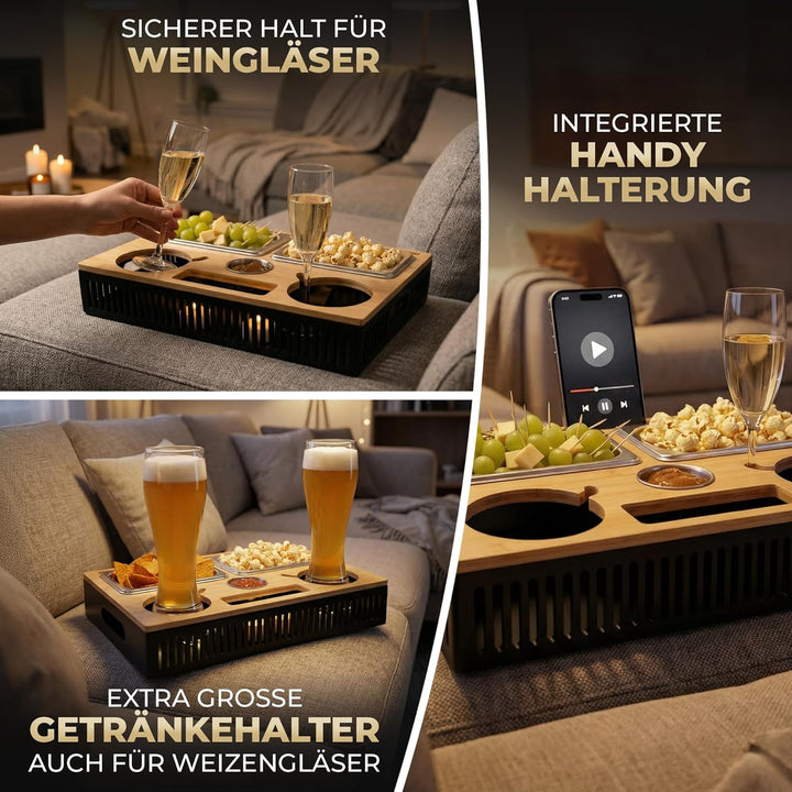 Couchbar Snackbox mit Leuchteffekt – Holz Sofatablett für Sofa, Snackbar & Organizer Tablett, 2-in-1