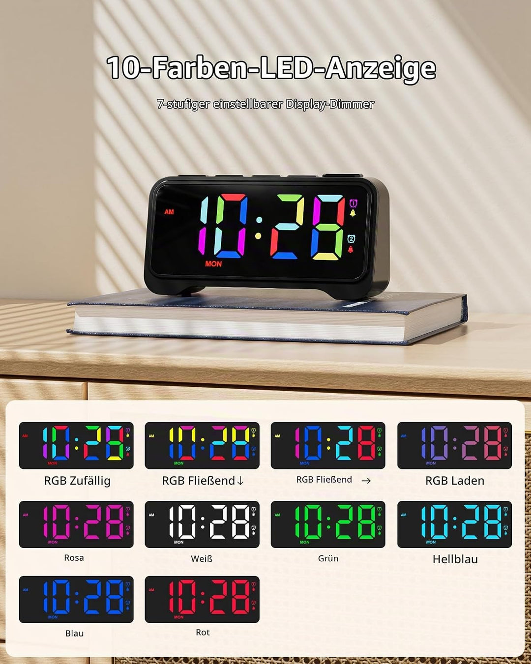 ROCAM LED Wecker Digital mit Grossen Zahlen, Nachttisch Wecker mit Typ-C &amp; USB-Ladeanschluss, Dualer