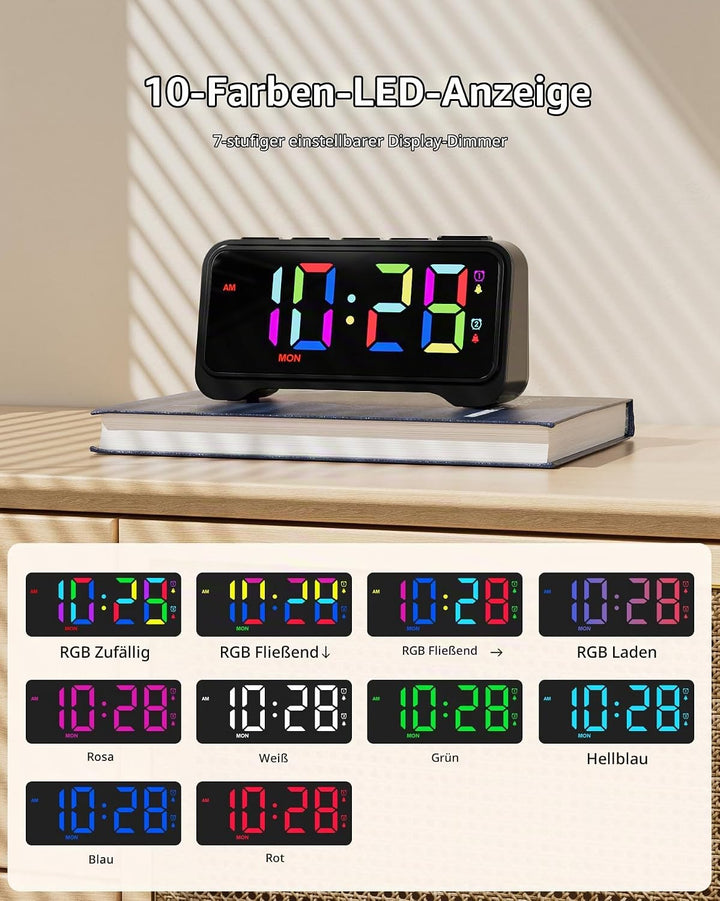 ROCAM LED Wecker Digital mit Grossen Zahlen, Nachttisch Wecker mit Typ-C &amp; USB-Ladeanschluss, Dualer