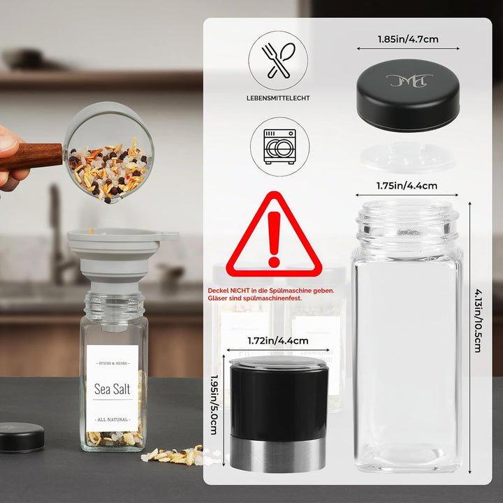FRIBERG Gewürzgläser Eckig Set 20er,Gewürzstreuer Glas mit Edelstahldeckeln 120ml,mit 2 gewürzmühle