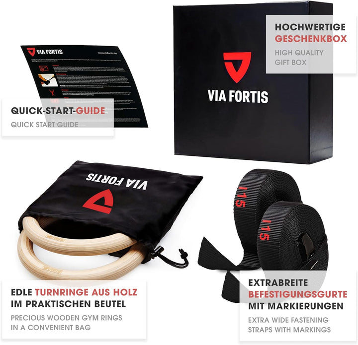 VIA FORTIS Premium Turnringe aus Holz inkl. Gurte, Tasche & Workout-Guide – Gym Ringe für Calistheni