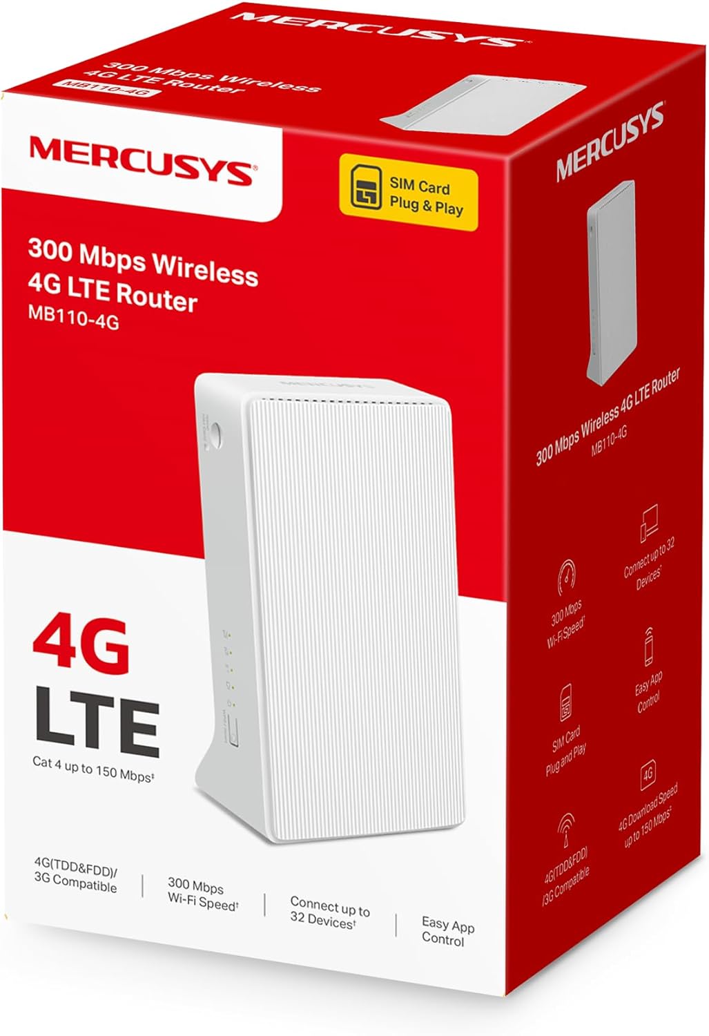 Mercusys MB110-4G LTE Router, 4G Router unterstützt SIM Karten, 4G Cat4 bis zu 150 Mbit/s, WLAN 2.4G
