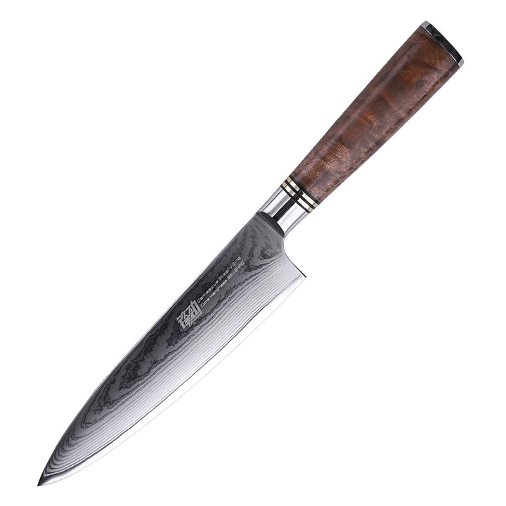 FINDKING Damast Chefmesser 20 cm, VG10 Stahl, Maserholzgriff | 67 Lagen Damaststahl, VG10 Kern, 60±2