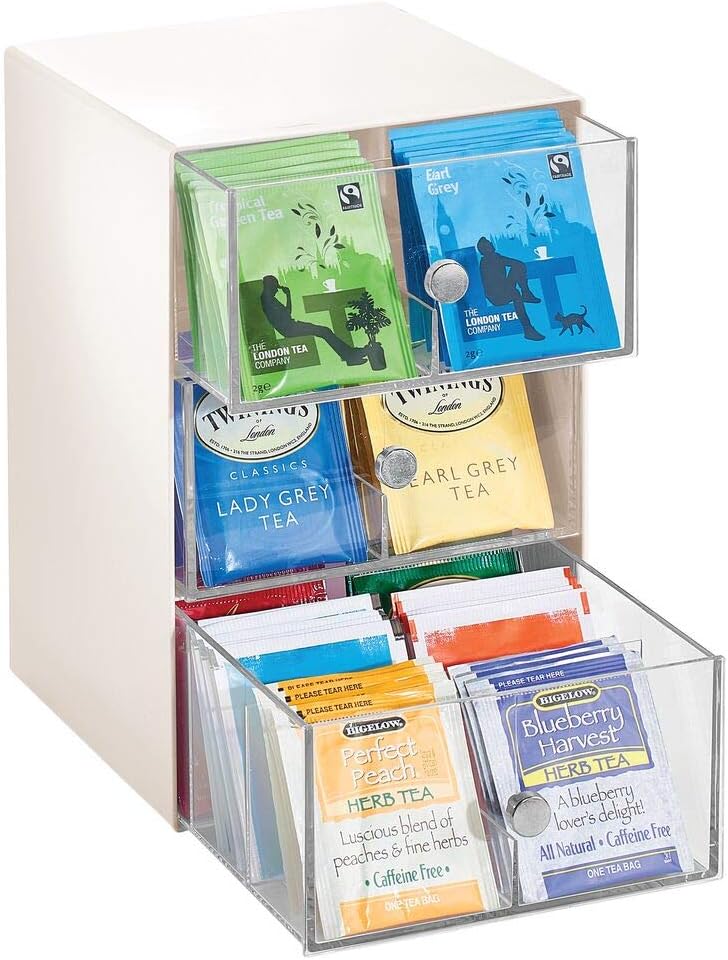 mDesign Küchen Organizer mit 3 Schubladen – Aufbewahrungsbox für Teebeutel, Kaffeepads, Süssungsmitt