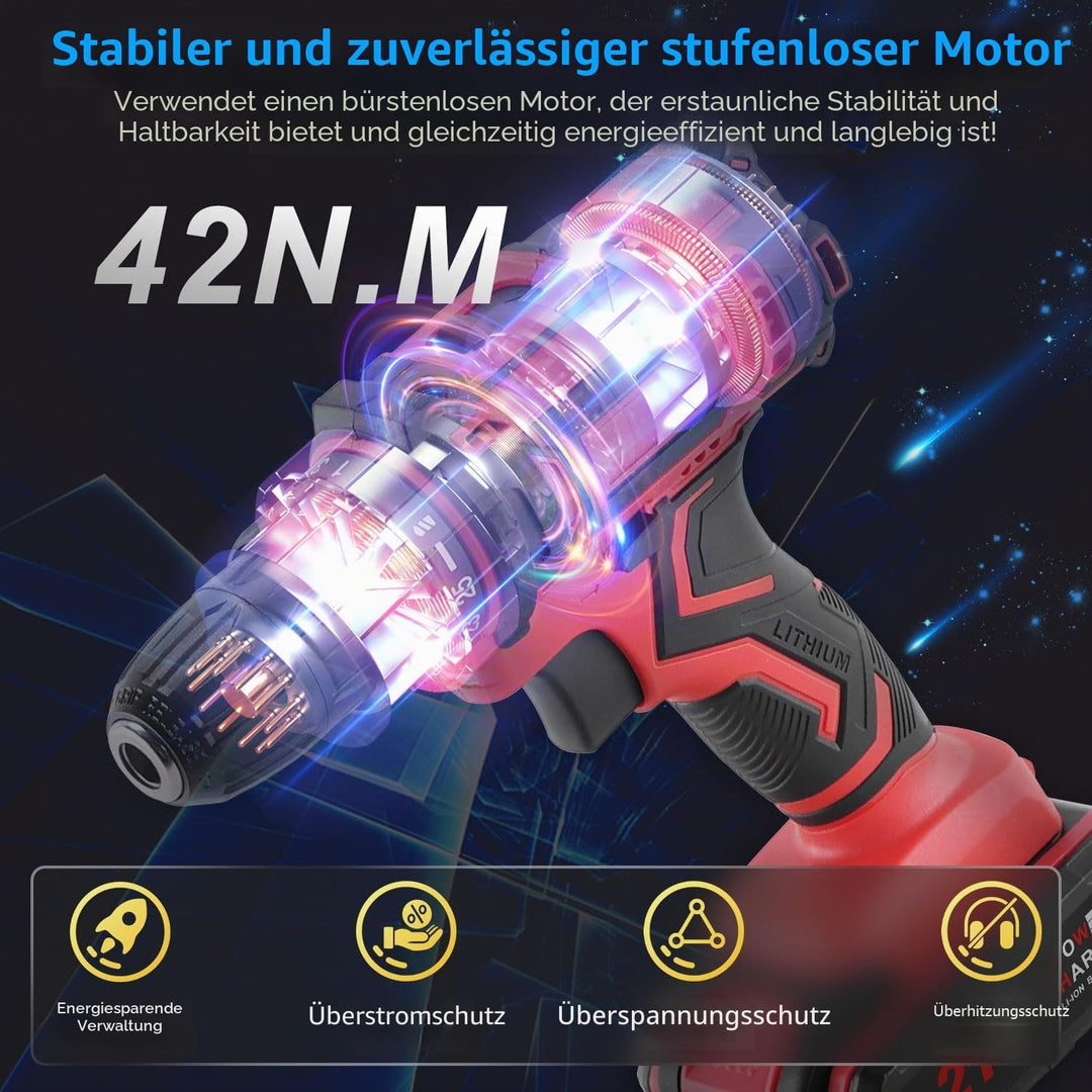 VANBAR Akkuschrauber, Drehmoment auf 25+3 Stufen Bohrmaschine Schrauber Set, 21V, 45Nm max, Schlagbo