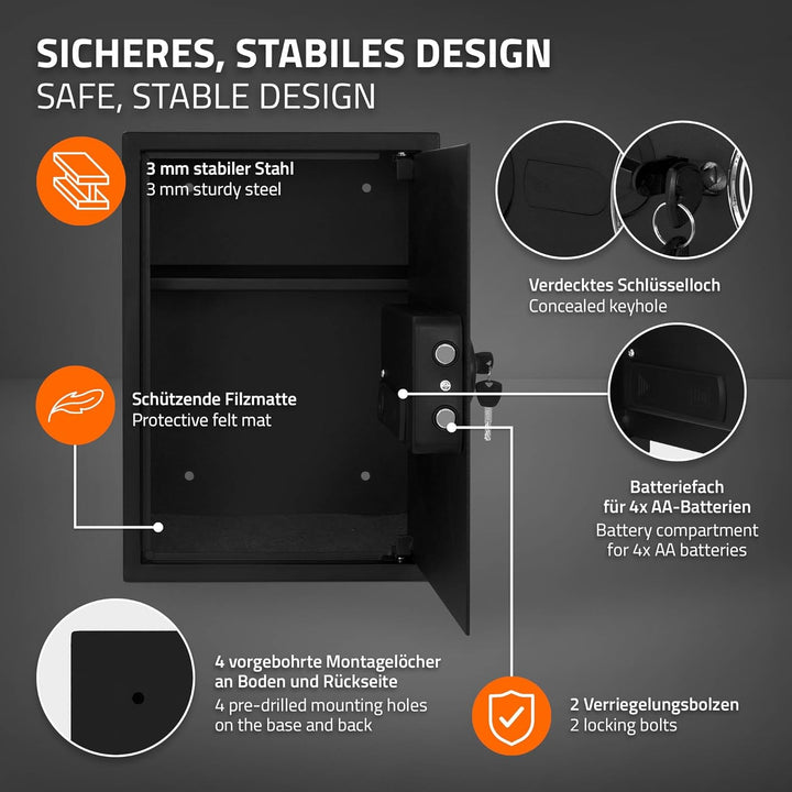 ECD Germany Safe Tresor 43L XL 35x50x31 cm, Wandtresor aus Stahl mit Sensorlicht und Digitale Tastat