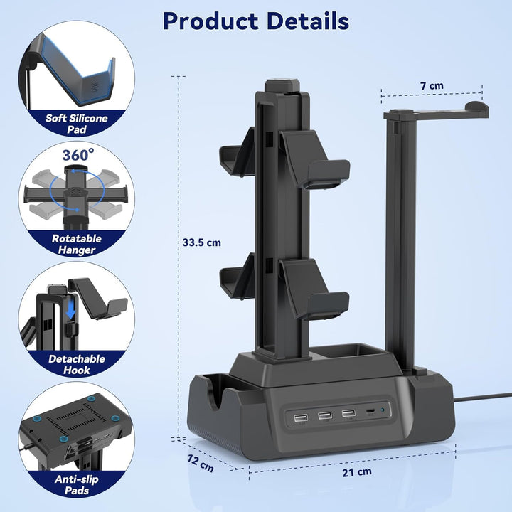 KDD USB Ladestation für Mehrere Geräte mit 4 Port, Handy Ladestation mit Headset und Controller Halt