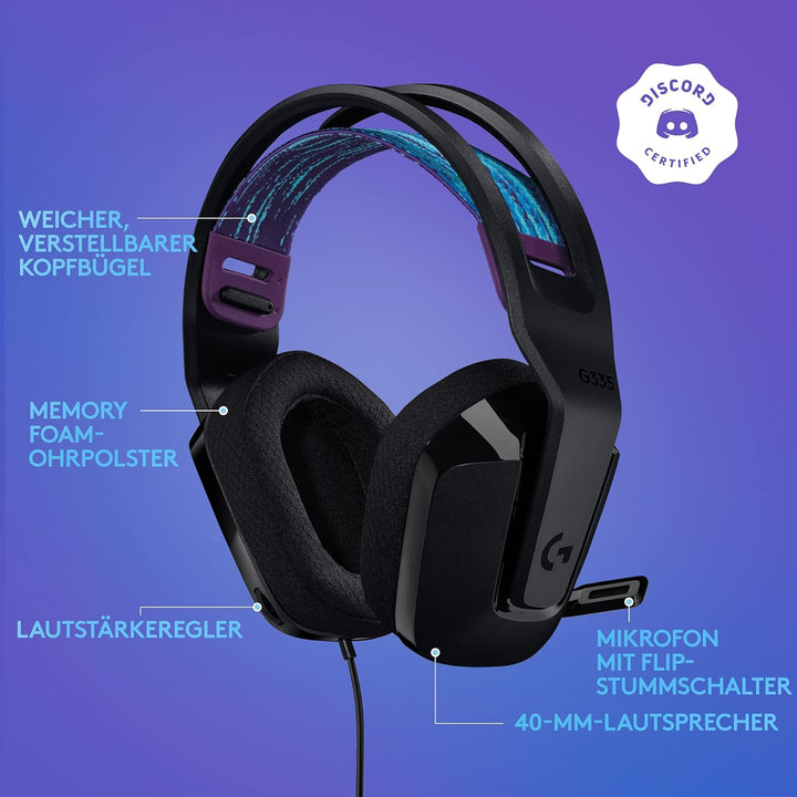 Logitech G335 Kabelgebundenes Gaming-Headset, Flip-to-Mute-Mikrofon, 3,5 mm Audioanschluss, Memory-S