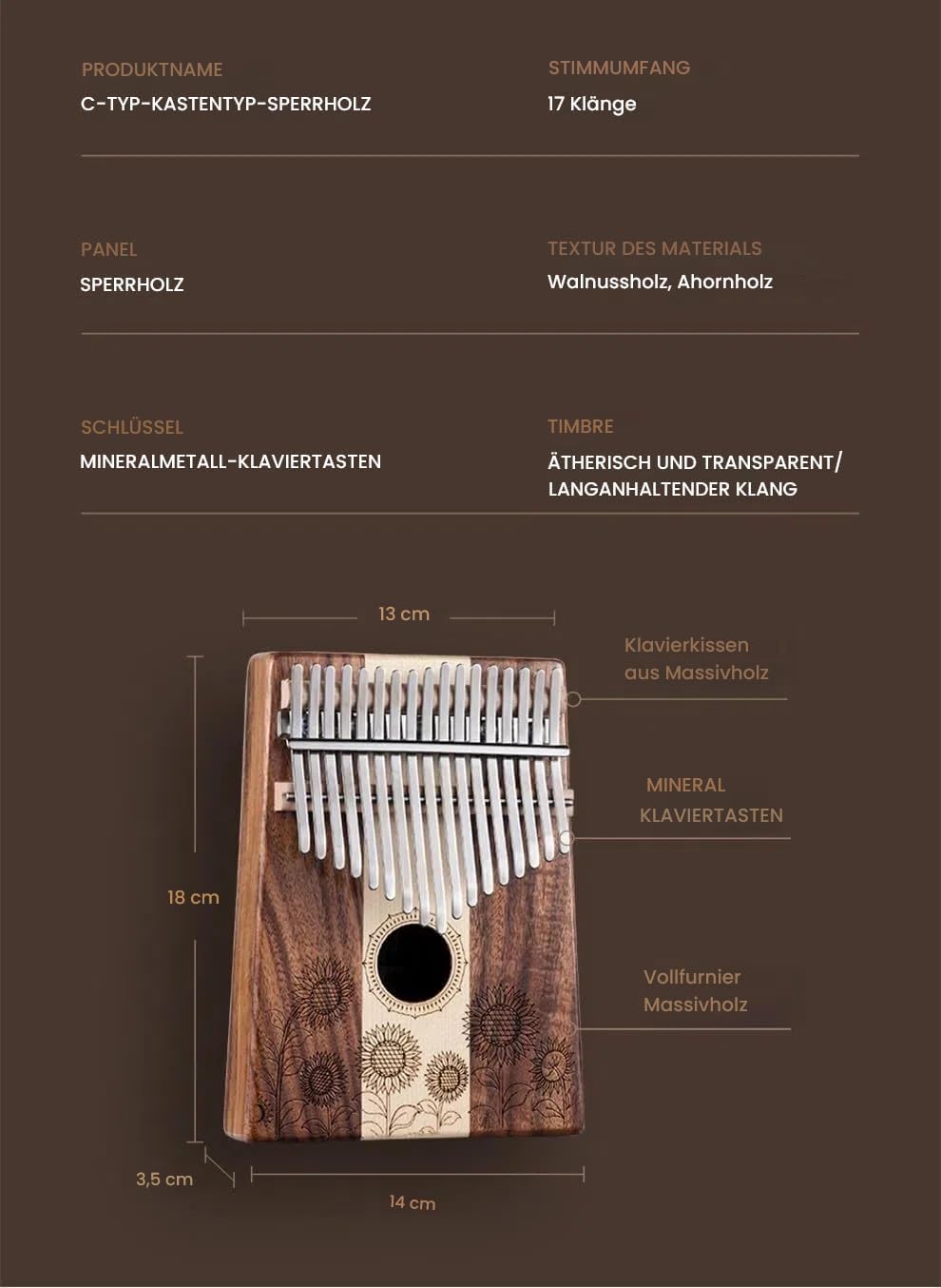 Kalimba 17 Schlüssel, Holz Fingerklaviere，Sonnenblume Professionelle Daumenklavier Carlimba, Mbira I