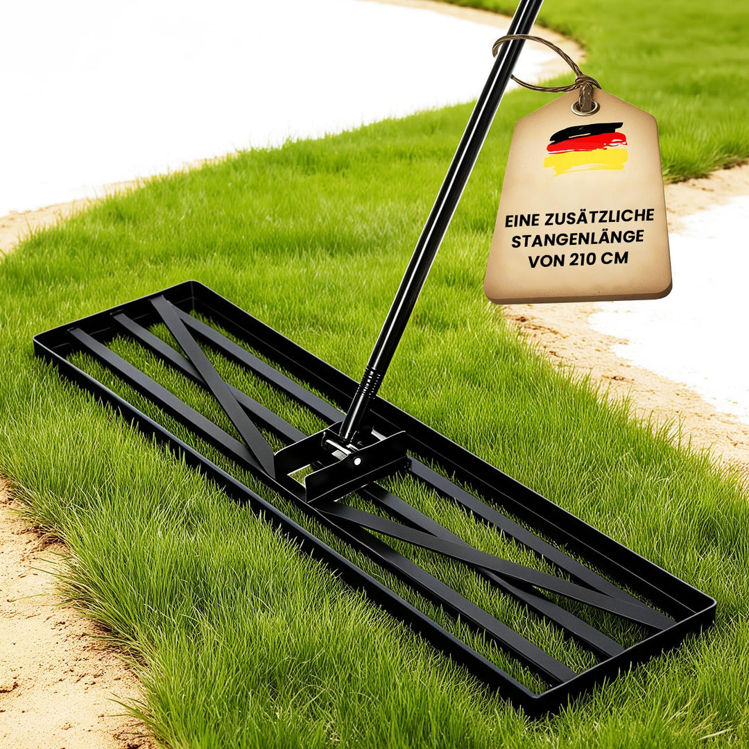 Rasenrechen, 110 x 30 cm, Gartenrasen-Nivellierrechen mit 210 cm extra langem Stiel Gartengerät zum