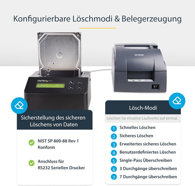 StarTech.com 1-Bay Festplatten Löscher, Selbständiges HDD/SSD Löschgerät, 4Kn, USB 3.0 auf SATA III