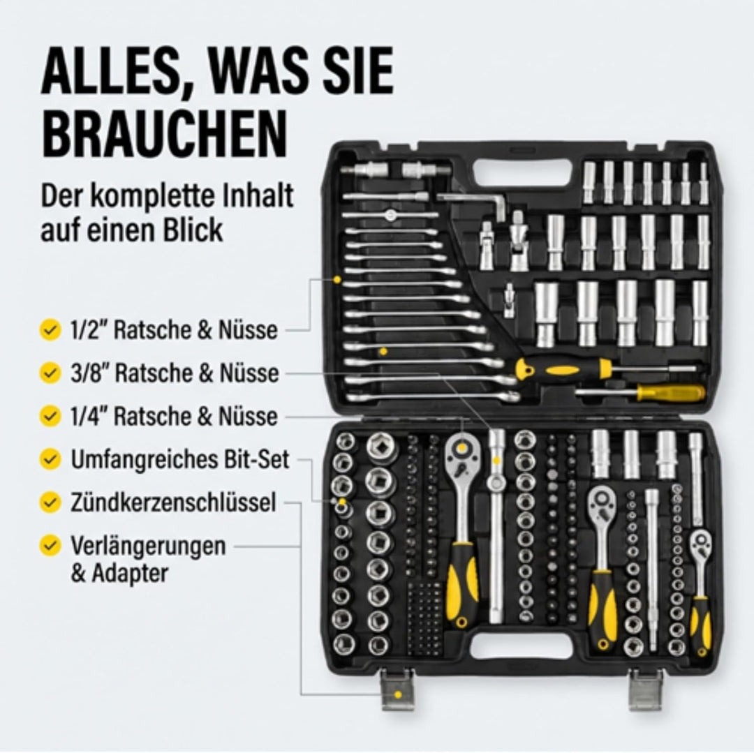 TOPEX Werkzeugkoffer 219-tlg: 1/2", 3/8", 1/4" Nüsse, Ratschen, Bits, Knarrenkasten, Für Kfz, Werkst