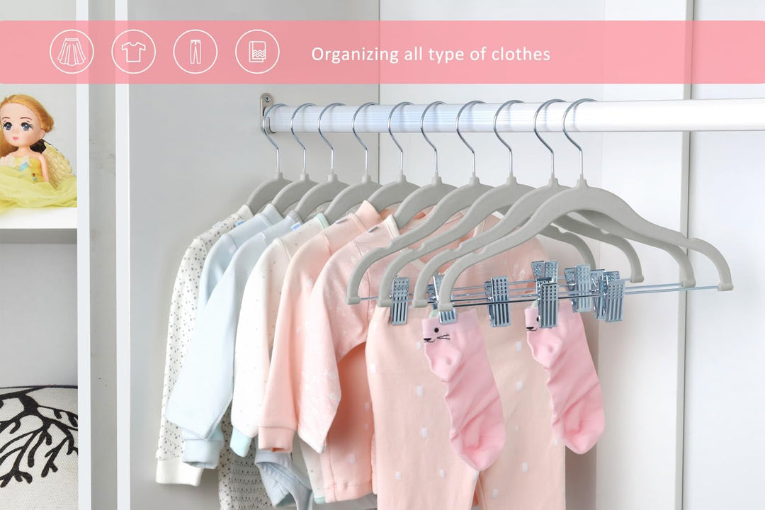 ManGotree Kinder-Rockbügel, 28 Pack Baby-Samtbügel mit beweglichen Clips, rutschfeste Hosenbügel, 30