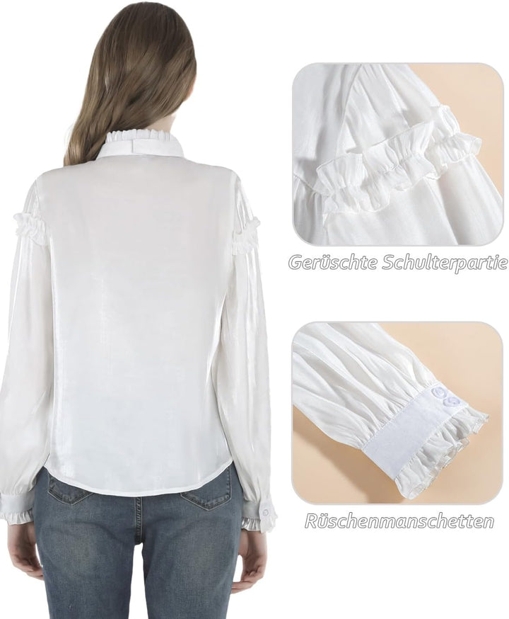 Damen Viktorianisch Bluse Vintage Schleifenhemd Stehkragen mit Ruff Langarmshirt Mittelalter Bluse L