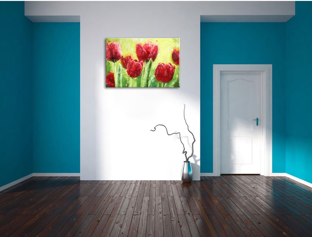 Pixxprint Rote Tulpen mit Tropfen bedeckt Pinsel Effekt, Format: 100x70 auf Leinwand, XXL riesige Bi