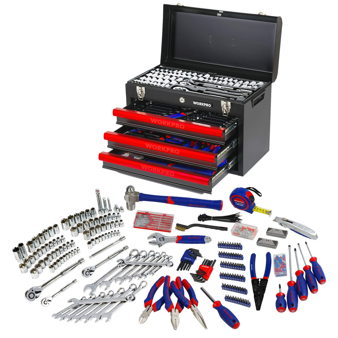 WORKPRO Werkzeugkoffer gross, 408tlg. Werkzeugsatz mit 3 Metall Schubladen, Heavy Duty Werkzeugschra