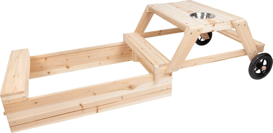 Small Foot Sandkasten mit Sitzgruppe und Matschtisch aus Holz, 3-in-1 Sandkiste zum Zusammenschieben